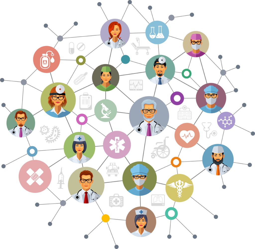 Illustration of many medical professionals and medical icons in a network